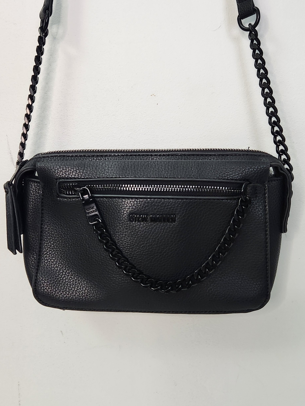 Steve Madden Black Pebbled Leather Chain-Accent Crossbody